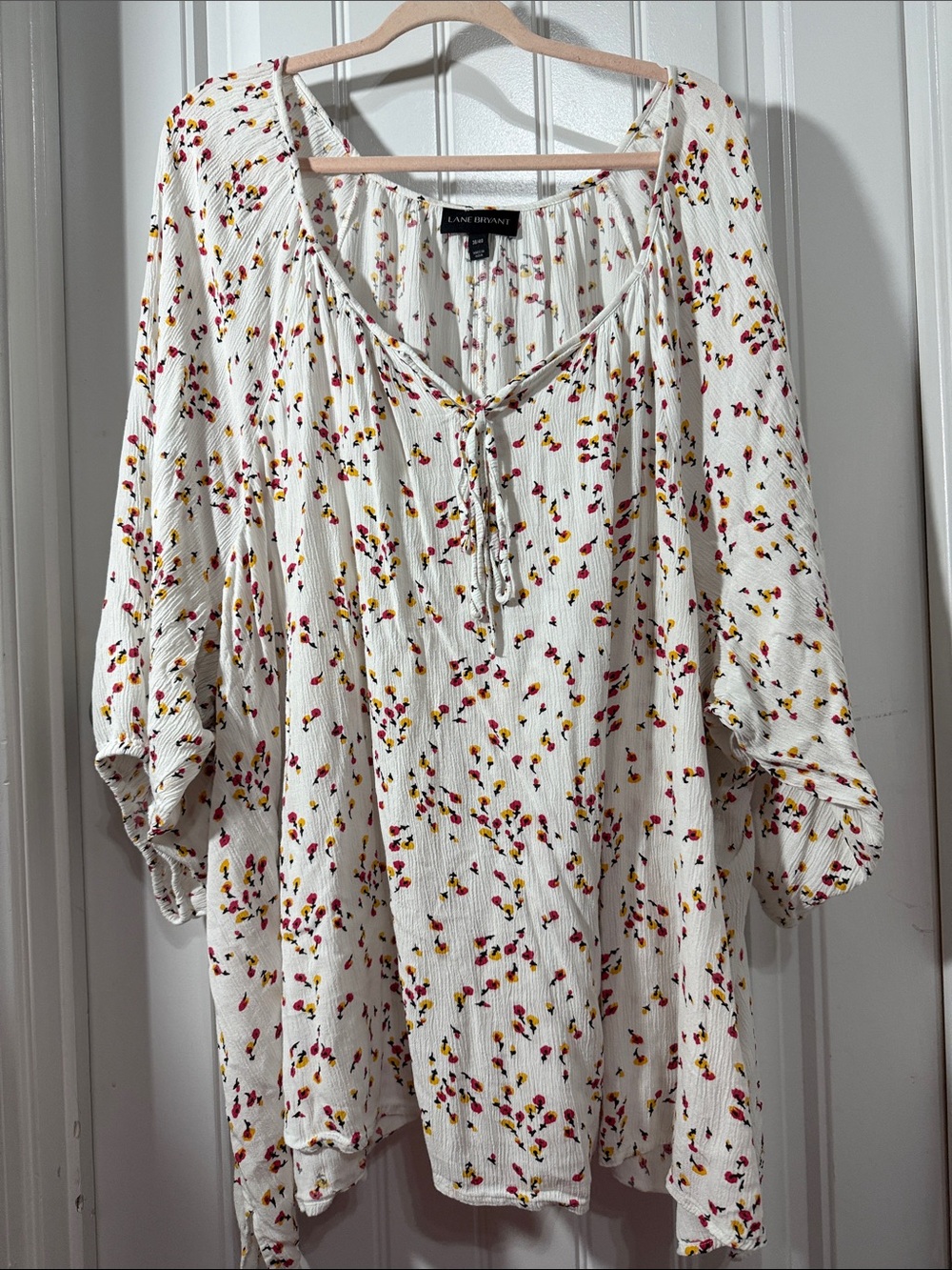 Lane Bryant White Floral Tie-Neck Peasant Tunic